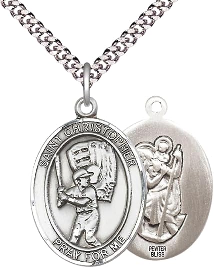 .925 Sterling Silver Saint St. Christopher Medal Pendant with 24 Inch Endless Rhodium Plated Heavy Curb Brass Chain, Catholic Religious Necklace - Made in USA- Prayer Card Included