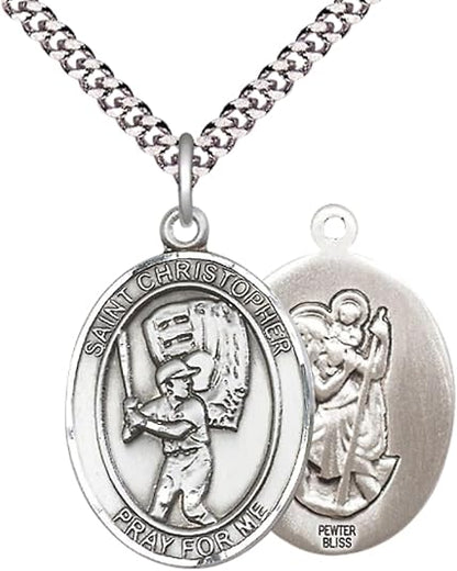 Everlasting Light Jewelry Pewter Saint St. Christopher Medal Pendant on 24 Inch Endless Rhodium Plated Heavy Curb Brass Chain, Catholic Religious Necklace - Made in USA - Prayer Card Included
