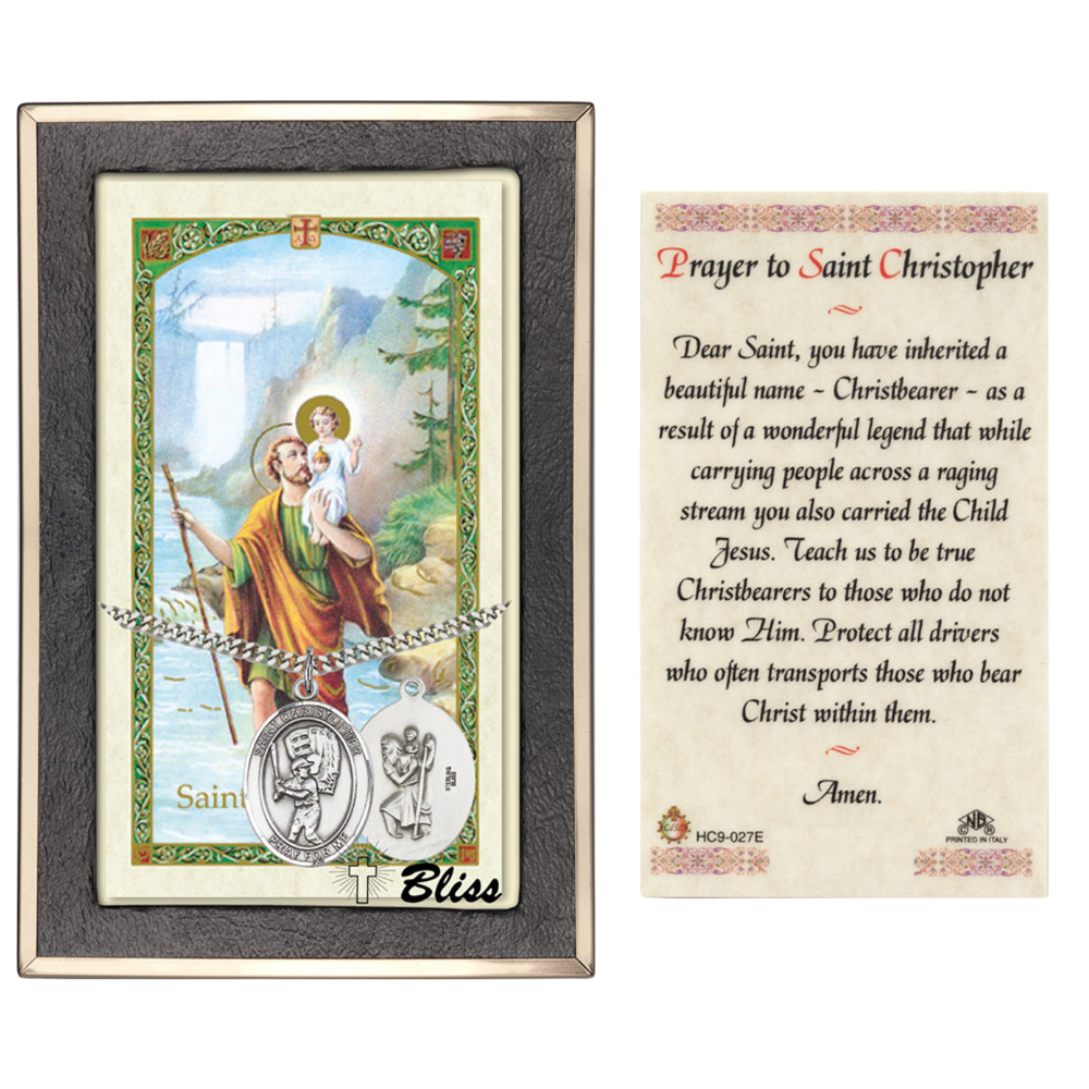.925 Sterling Silver Saint St. Christopher Medal Pendant with 24 Inch Endless Rhodium Plated Heavy Curb Brass Chain, Catholic Religious Necklace - Made in USA- Prayer Card Included