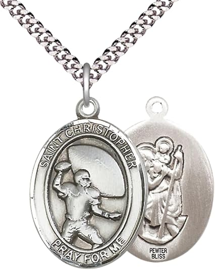 Everlasting Light Jewelry Pewter Saint St. Christopher Medal Pendant on 24 Inch Endless Rhodium Plated Heavy Curb Brass Chain, Catholic Religious Necklace - Made in USA - Prayer Card Included