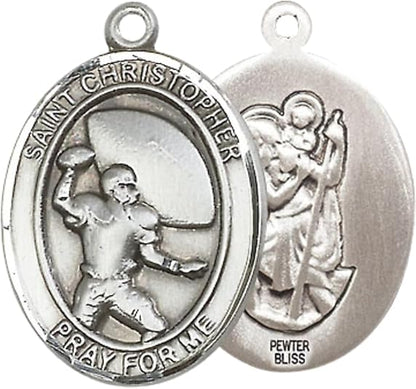 Everlasting Light Jewelry Pewter Saint St. Christopher Medal Pendant on 24 Inch Endless Rhodium Plated Heavy Curb Brass Chain, Catholic Religious Necklace - Made in USA - Prayer Card Included
