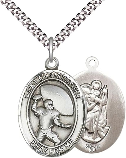 Everlasting Light Jewelry .925 Sterling Silver Saint St. Christopher Medal Pendant on 24 Inch Endless Rhodium Plated Heavy Curb Brass Chain, Catholic Religious Necklace - Made in USA- Prayer Card Included