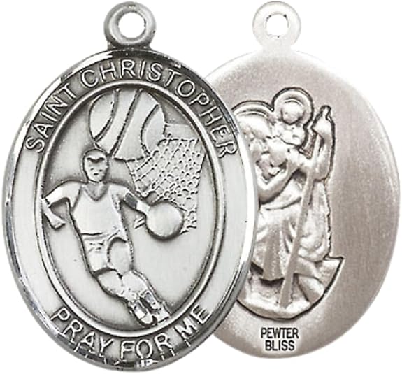 Everlasting Light Jewelry Pewter Saint St. Christopher Medal Pendant on 24 Inch Endless Rhodium Plated Heavy Curb Brass Chain- Catholic Religious Necklace - Made in USA- Prayer Card Included