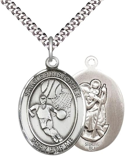 .925 Sterling Silver Saint St. Christopher Medal Pendant with 24 Inch Endless Rhodium Plated Heavy Curb Brass Chain, Catholic Religious Necklace - Made in USA- Prayer Card Included