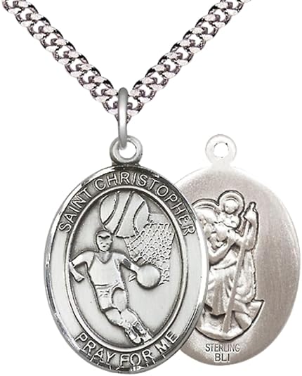 .925 Sterling Silver Saint St. Christopher Medal Pendant with 24 Inch Endless Rhodium Plated Heavy Curb Brass Chain, Catholic Religious Necklace - Made in USA- Prayer Card Included