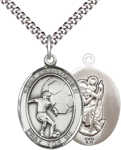 Everlasting Light Jewelry Pewter Saint St. Christopher Medal Pendant on 24 Inch Endless Rhodium Plated Heavy Curb Brass Chain, Catholic Religious Necklace - Made in USA- Prayer Card Included