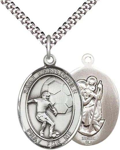 .925 Sterling Silver Saint St. Christopher Medal Pendant on 24 Inch Endless Rhodium Plated Heavy Curb Brass Chain, Catholic Religious Necklace - Made in USA- Prayer Card Included