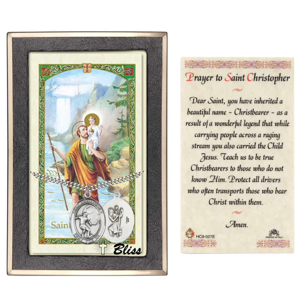 Everlasting Light Jewelry Pewter Saint St. Christopher Medal Pendant on 24 Inch Endless Rhodium Plated Heavy Curb Brass Chain, Catholic Religious Necklace - Made in USA- Prayer Card Included