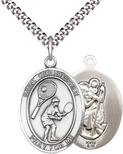 Everlasting Light Jewelry Pewter Saint St. Christopher Saint St. Medal Pendant on 24 Inch Endless Rhodium Plated Heavy Curb Brass Chain, Catholic Religious Necklace - Made in USA- Prayer Card Included