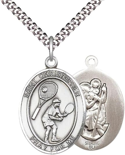 Everlasting Light Jewelry .925 Sterling Silver Saint St. Christopher Medal Pendant on 24 Inch Endless Rhodium Plated Heavy Curb Brass Chain, Catholic Religious Necklace - Made in USA- Prayer Card Included