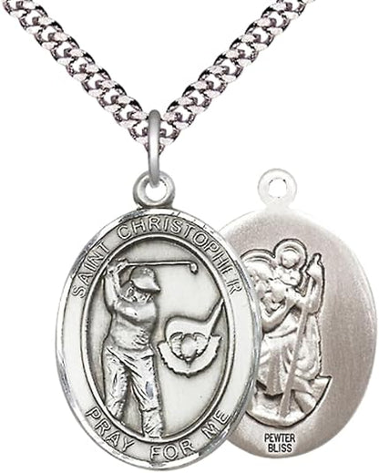 Everlasting Light Jewelry Pewter Saint St. Christopher Medal Pendant on 24 Inch Endless Rhodium Plated Heavy Curb Brass Chain- Catholic Religious Necklace - Made in USA- Prayer Card Included