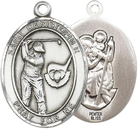Everlasting Light Jewelry Pewter Saint St. Christopher Medal Pendant on 24 Inch Endless Rhodium Plated Heavy Curb Brass Chain- Catholic Religious Necklace - Made in USA- Prayer Card Included