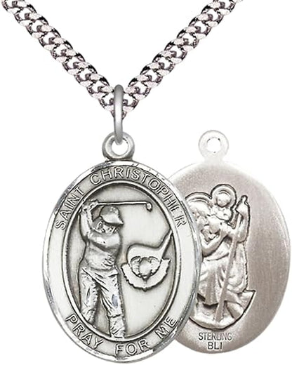 .925 Sterling Silver Saint St. Christopher Medal Pendant with 24 Inch Endless Rhodium Plated Heavy Curb Brass Chain, Catholic Religious Necklace - Made in USA - Prayer Card Included