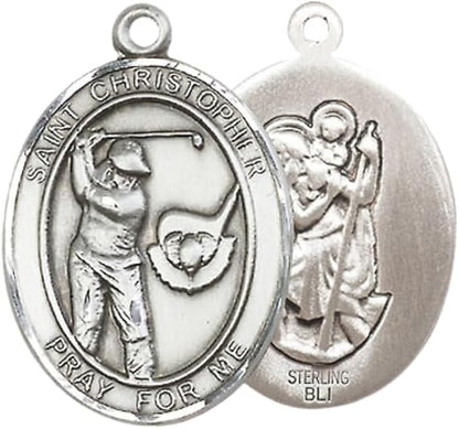 .925 Sterling Silver Saint St. Christopher Medal Pendant with 24 Inch Endless Rhodium Plated Heavy Curb Brass Chain, Catholic Religious Necklace - Made in USA - Prayer Card Included