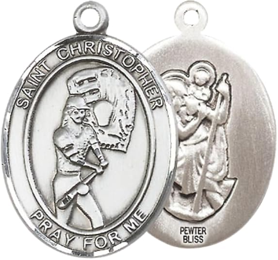Everlasting Light Jewelry Pewter Saint St. Christopher Medal Pendant on 24 Inch Endless Rhodium Plated Heavy Curb Brass Chain, Catholic Religious Necklace - Made in USA, Prayer Card Included