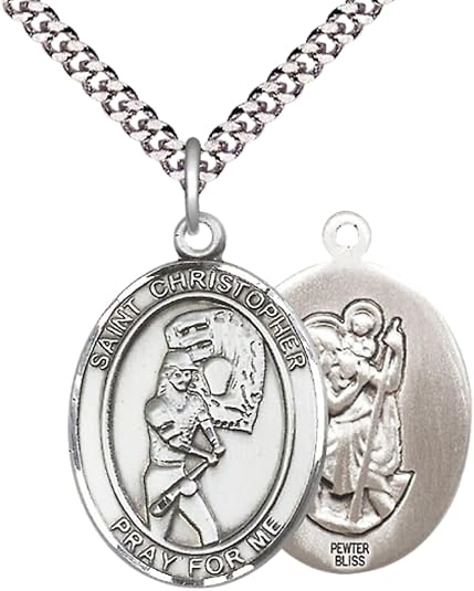 Everlasting Light Jewelry Pewter Saint St. Christopher Medal Pendant on 24 Inch Endless Rhodium Plated Heavy Curb Brass Chain, Catholic Religious Necklace - Made in USA, Prayer Card Included
