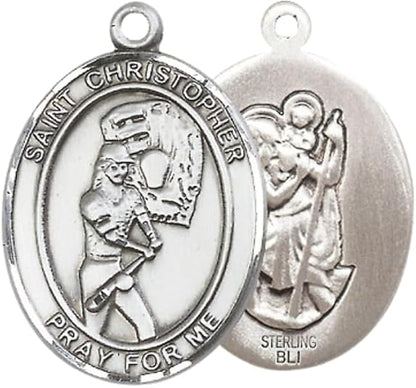 .925 Sterling Silver Saint St. Christopher Medal Pendant with 24 Inch Endless Rhodium Plated Heavy Curb Brass Chain, Catholic Religious Necklace - Made in USA- Prayer Card Included