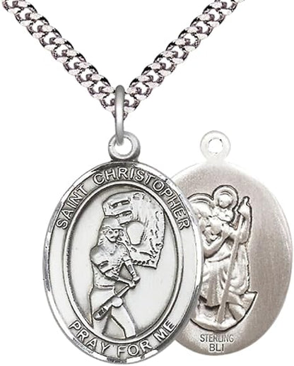 .925 Sterling Silver Saint St. Christopher Medal Pendant with 24 Inch Endless Rhodium Plated Heavy Curb Brass Chain, Catholic Religious Necklace - Made in USA- Prayer Card Included
