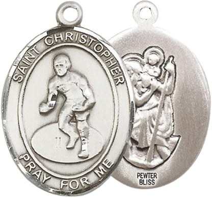 Everlasting Light Jewelry Pewter Saint St. Christopher Medal Pendant on 24 Inch Endless Rhodium Plated Heavy Curb Brass Chain, Catholic Religious Necklace, Made in USA- Prayer Card Included