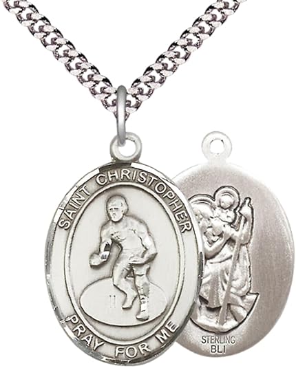 Everlasting Light Jewelry .925 Sterling Silver Saint St. Christopher Medal Pendant with 24 Inch Endless Rhodium Plated Heavy Curb Brass Chain, Catholic Religious Necklace - Made in USA- Prayer Card Included