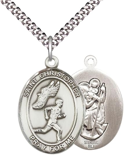 Everlasting Light Jewelry .925 Sterling Silver Saint St. Christopher Medal Pendant on 24 Inch Endless Rhodium Plated Heavy Curb Brass Chain, Catholic Religious Necklace - Made in USA- Prayer Card Included