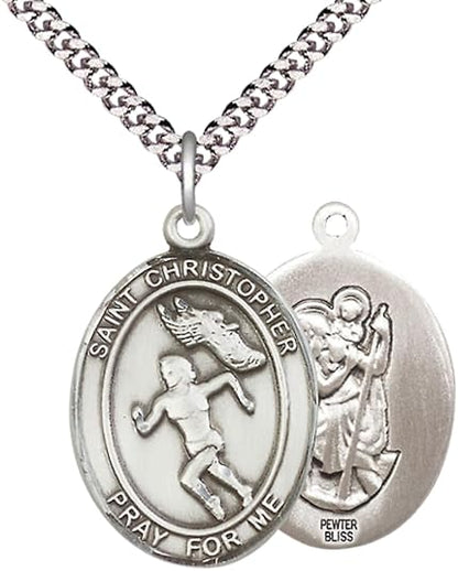 Everlasting Light Jewelry Pewter Saint St. Christopher Medal Pendant on 24 Inch Endless Rhodium Plated Heavy Curb Brass Chain, Catholic Religious Necklace - Made in USA- Prayer Card Included