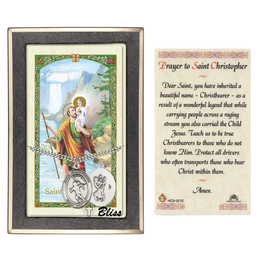 .925 Sterling Silver Saint St. Christopher Medal Pendant w/ 24 Inch Endless Rhodium Plated Heavy Curb Brass Chain, Catholic Religious Necklace - Made in USA- Prayer Card Included