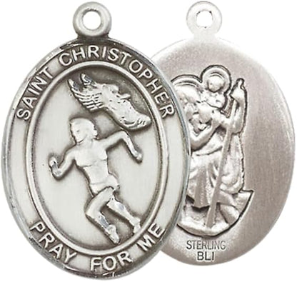 .925 Sterling Silver Saint St. Christopher Medal Pendant w/ 24 Inch Endless Rhodium Plated Heavy Curb Brass Chain, Catholic Religious Necklace - Made in USA- Prayer Card Included