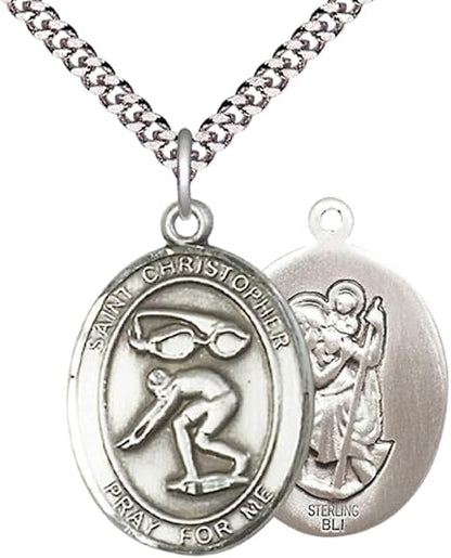 .925 Sterling Silver Saint St. Christopher Medal Pendant on 24 Inch Endless Rhodium Plated Heavy Curb Brass Chain, Catholic Religious Necklace - Made in USA- Prayer Card Included