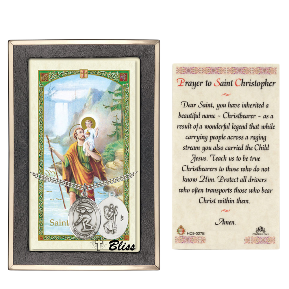 Everlasting Light Jewelry Pewter Saint St. Christopher Medal Pendant on 24 Inch Endless Rhodium Plated Heavy Curb Brass Chain, Catholic Religious Necklace - Made in USA- Prayer Card Included