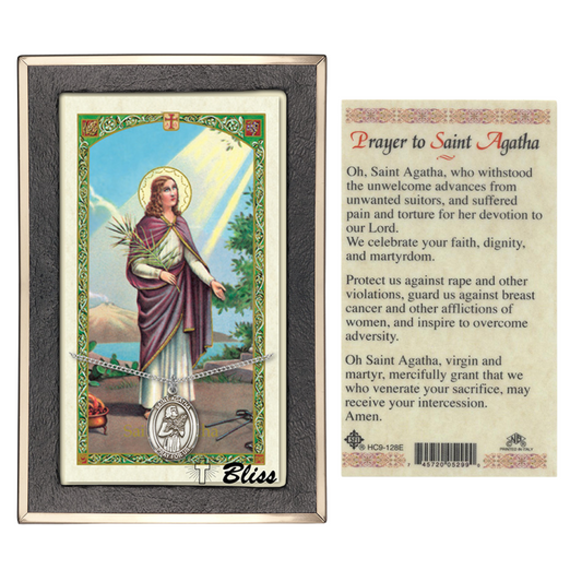 .925 Sterling Silver Saint St. Agatha Medal Pendant on 18 Inch Rhodium Plated Lite Curb Brass Chain with Lobster Claw Clasp, Catholic Religious Necklace - Made in USA- Prayer Card Included