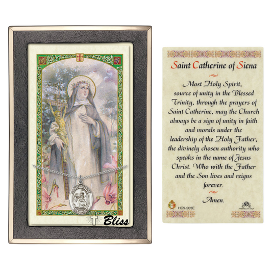 .925 Sterling Silver Saint St. Catherine of Siena Medal Pendant on 18 Inch Rhodium Plated Lite Curb Brass Chain w/ Lobster Claw Clasp, Catholic Religious Necklace - Made in USA- Prayer Card Included