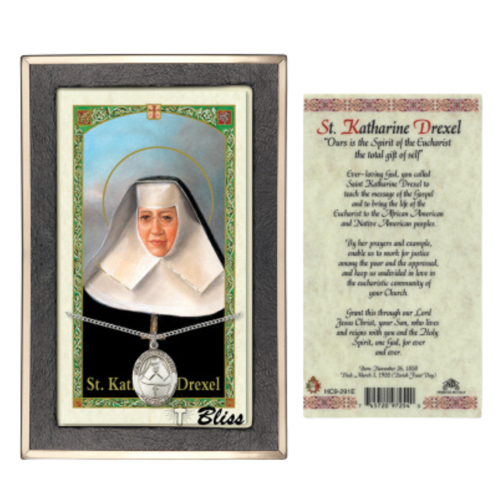 .925 Sterling Silver Saint St. Katharine Drexel Medal Pendant on 18 Inch Rhodium Plated Lite Curb Brass Chain w/ Lobster Claw Clasp, Catholic Religious Necklace - Made in USA- Prayer Card Included