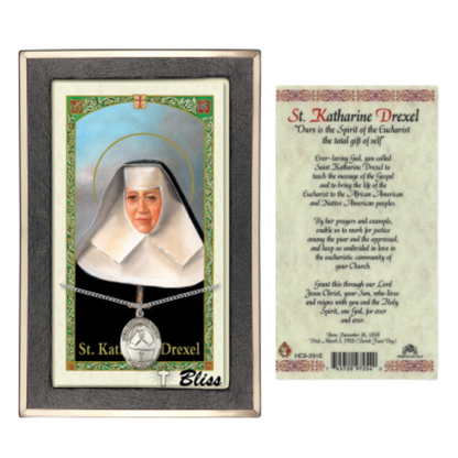 .925 Sterling Silver Saint St. Katharine Drexel Medal Pendant on 18 Inch Rhodium Plated Lite Curb Brass Chain w/ Lobster Claw Clasp, Catholic Religious Necklace - Made in USA- Prayer Card Included
