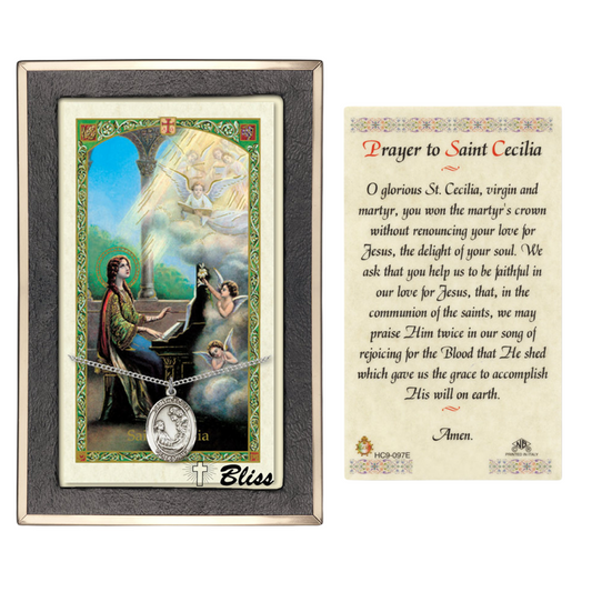 .925 Sterling Silver Saint St. Cecilia Medal Pendant on 18 Inch Rhodium Plated Lite Curb Brass Chain with Lobster Claw Clasp, Catholic Religious Necklace - Made in USA- Prayer Card Included