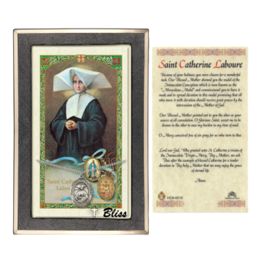 .925 Sterling Silver Saint St. Catherine Laboure Medal Pendant on 18 Inch Rhodium Plated Lite Curb Brass Chain w/ Lobster Claw Clasp, Catholic Religious Necklace - Made in USA- Prayer Card Included