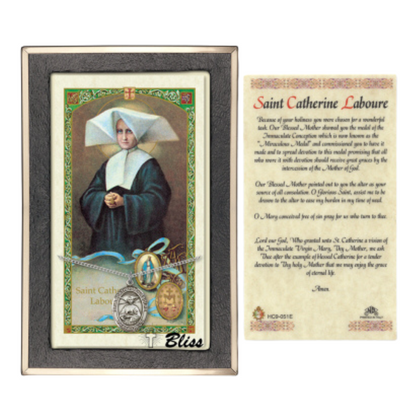 Pewter Saint St. Catherine Laboure Medal Pendant on 18 Inch Rhodium Plated Lite Curb Brass Chain with Lobster Claw Clasp, Catholic Religious Necklace - Made in USA- Prayer Card Included