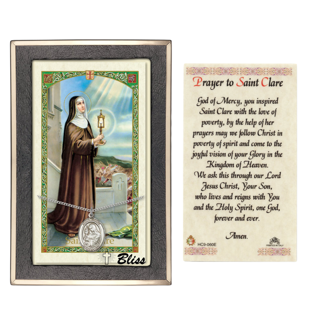.925 Sterling Silver Saint St. Clare of Assisi Medal Pendant on 18 Inch Rhodium Plated Lite Curb Brass Chain w/ Lobster Claw Clasp, Catholic Religious Necklace - Made in USA- Prayer Card Included