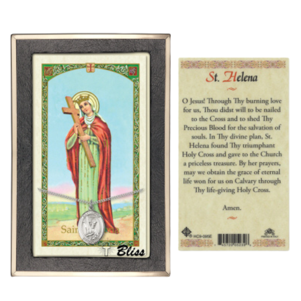 Everlasting Light Jewelry Pewter Saint St. Helen Medal Pendant on 18 Inch Rhodium Plated Lite Curb Brass Chain with Lobster Claw Clasp, Catholic Religious Necklace - Made in USA- Prayer Card Included