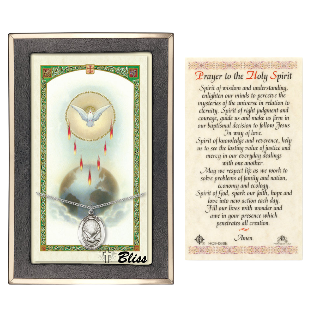 Everlasting Light Jewelry Pewter Holy Spirit Medal Pendant on 18 Inch Rhodium Plated Lite Curb Brass Chain with Lobster Claw Clasp, Catholic Religious Necklace - Made in USA- Prayer Card Included