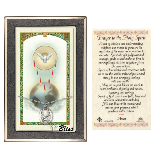 Everlasting Light Jewelry Pewter Holy Spirit Medal Pendant on 18 Inch Rhodium Plated Lite Curb Brass Chain with Lobster Claw Clasp, Catholic Religious Necklace - Made in USA- Prayer Card Included