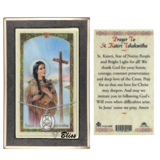 .925 Sterling Silver Saint St. Kateri Tekakwitha Medal Pendant on 18 Inch Rhodium Plated Lite Curb Brass Chain w/ Lobster Claw Clasp, Catholic Religious Necklace - Made in USA- Prayer Card Included