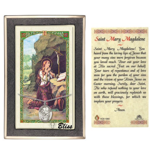 .925 Sterling Silver Saint St. Mary Magdalene Medal Pendant on 18 Inch Rhodium Plated Lite Curb Brass Chain w/ Lobster Claw Clasp, Catholic Religious Necklace - Made in USA- Prayer Card Included
