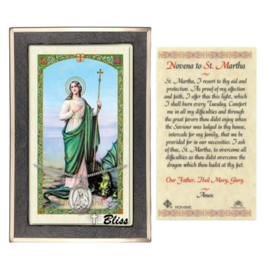 .925 Sterling Silver Saint St. Martha Medal Pendant on 18 Inch Rhodium Plated Lite Curb Brass Chain with Lobster Claw Clasp, Catholic Religious Necklace - Made in USA- Prayer Card Included