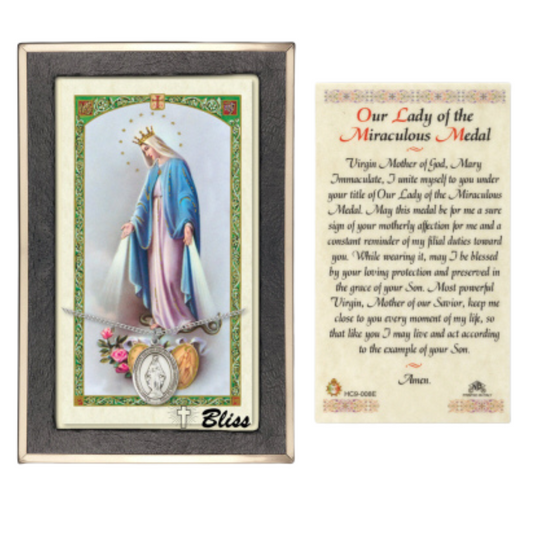 Everlasting Light Jewelry Pewter Miraculous Medal Pendant on 18 Inch Rhodium Plated Lite Curb Brass Chain with Lobster Claw Clasp, Catholic Religious Necklace - Made in USA- Prayer Card Included