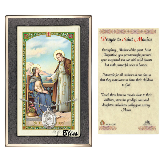 Everlasting Light Jewelry Pewter Saint St. Monica Medal Pendant on 18 Inch Rhodium Plated Lite Curb Brass Chain with Lobster Claw Clasp, Catholic Religious Necklace - Made in USA- Prayer Card Included