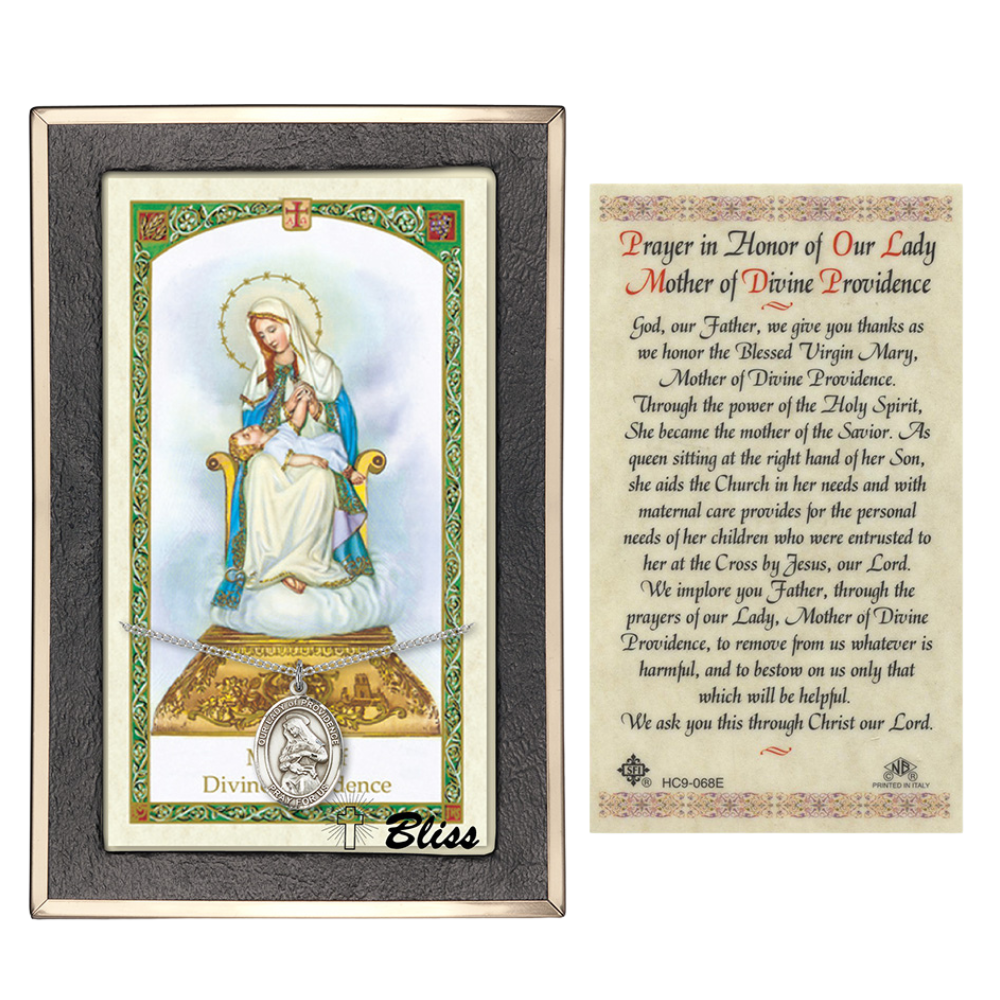 .925 Sterling Silver Our Lady of Providence Medal Pendant on 18 Inch Rhodium Plated Lite Curb Brass Chain w/ Lobster Claw Clasp, Catholic Religious Necklace - Made in USA- Prayer Card Included