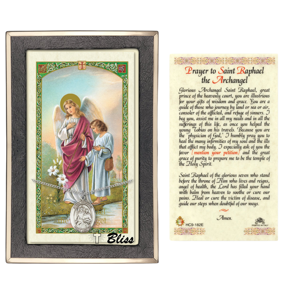 .925 Sterling Silver Saint St. Raphael the Archangel Medal Pendant on 18 Inch Rhodium Plated Lite Curb Brass Chain w/ Lobster Claw Clasp, Catholic Religious Necklace - Made in USA- Prayer Card Included