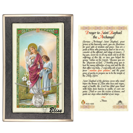 .925 Sterling Silver Saint St. Raphael the Archangel Medal Pendant on 18 Inch Rhodium Plated Lite Curb Brass Chain w/ Lobster Claw Clasp, Catholic Religious Necklace - Made in USA- Prayer Card Included