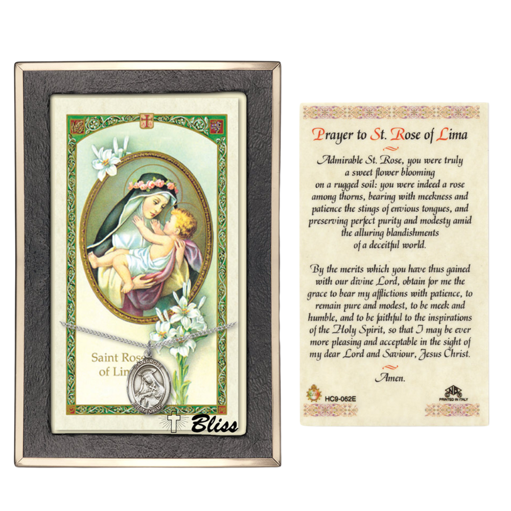 .925 Sterling Silver Saint St. Rose of Lima Medal Pendant on 18 Inch Rhodium Plated Lite Curb Brass Chain w/ Lobster Claw Clasp, Catholic Religious Necklace - Made in USA- Prayer Card Included